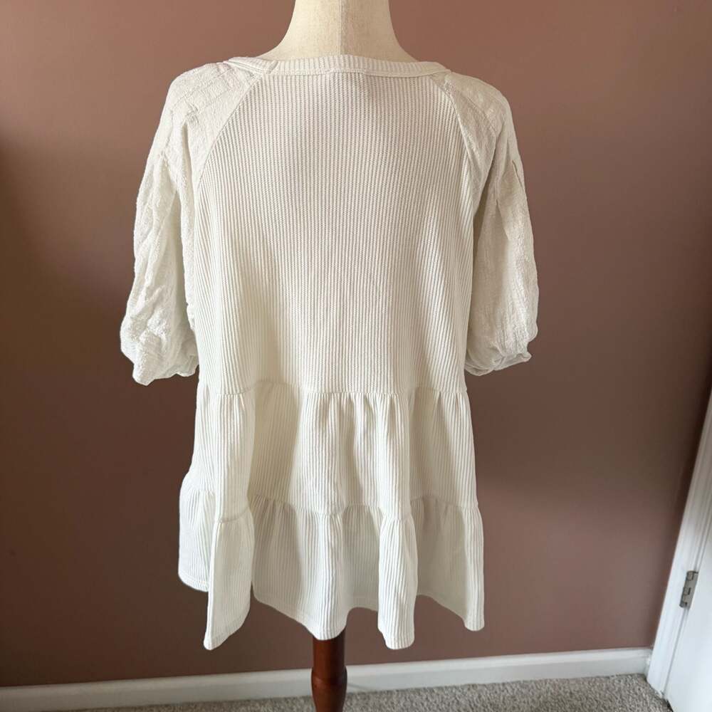 Peach Love California White Thermal Waffle Knit Tiered Babydoll Top - Picture 2 of 4